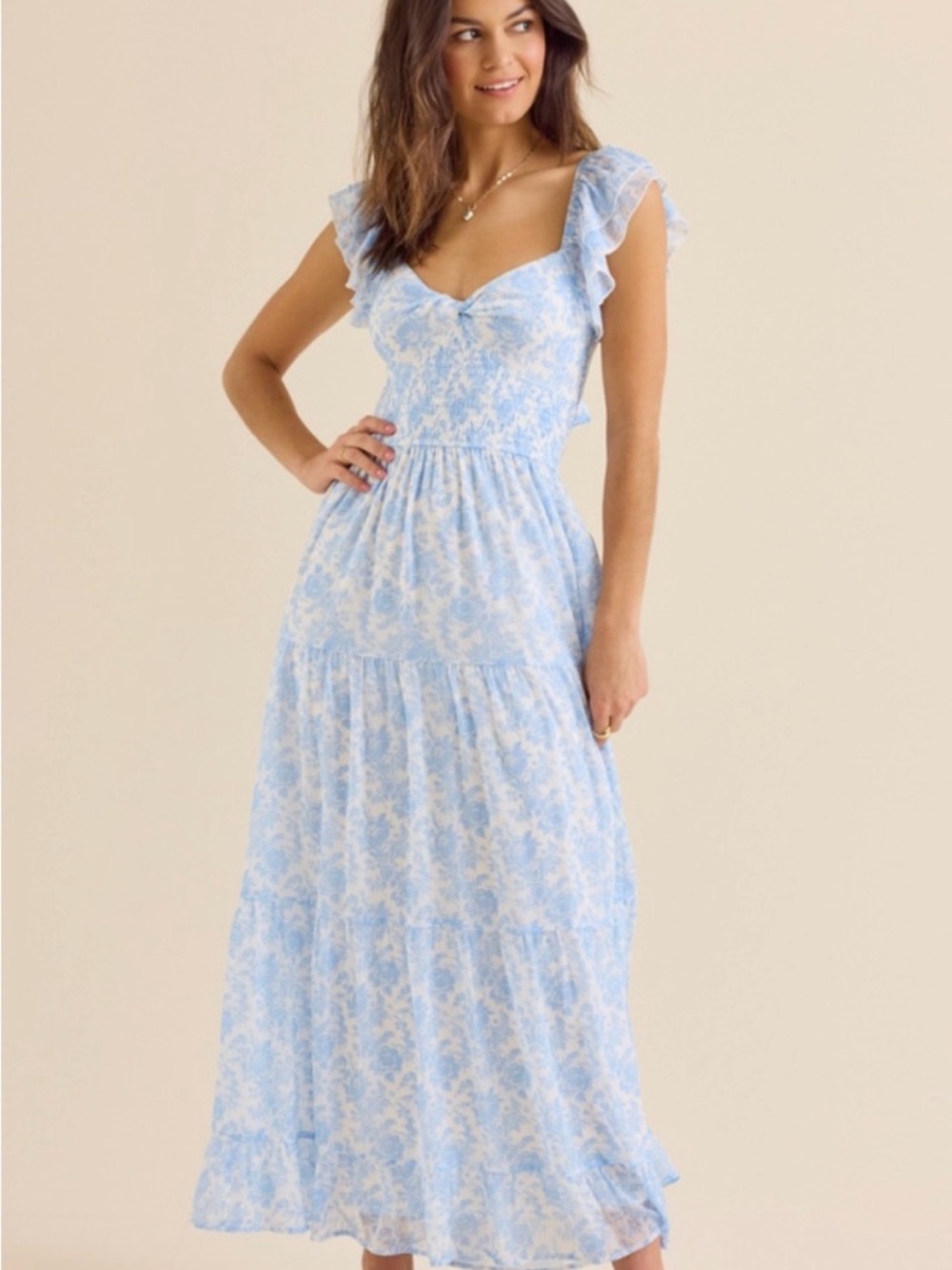 Altar'd State Women’s Light Blue Floral Ruffle Sleeve Tie Back Maxi Dress Small